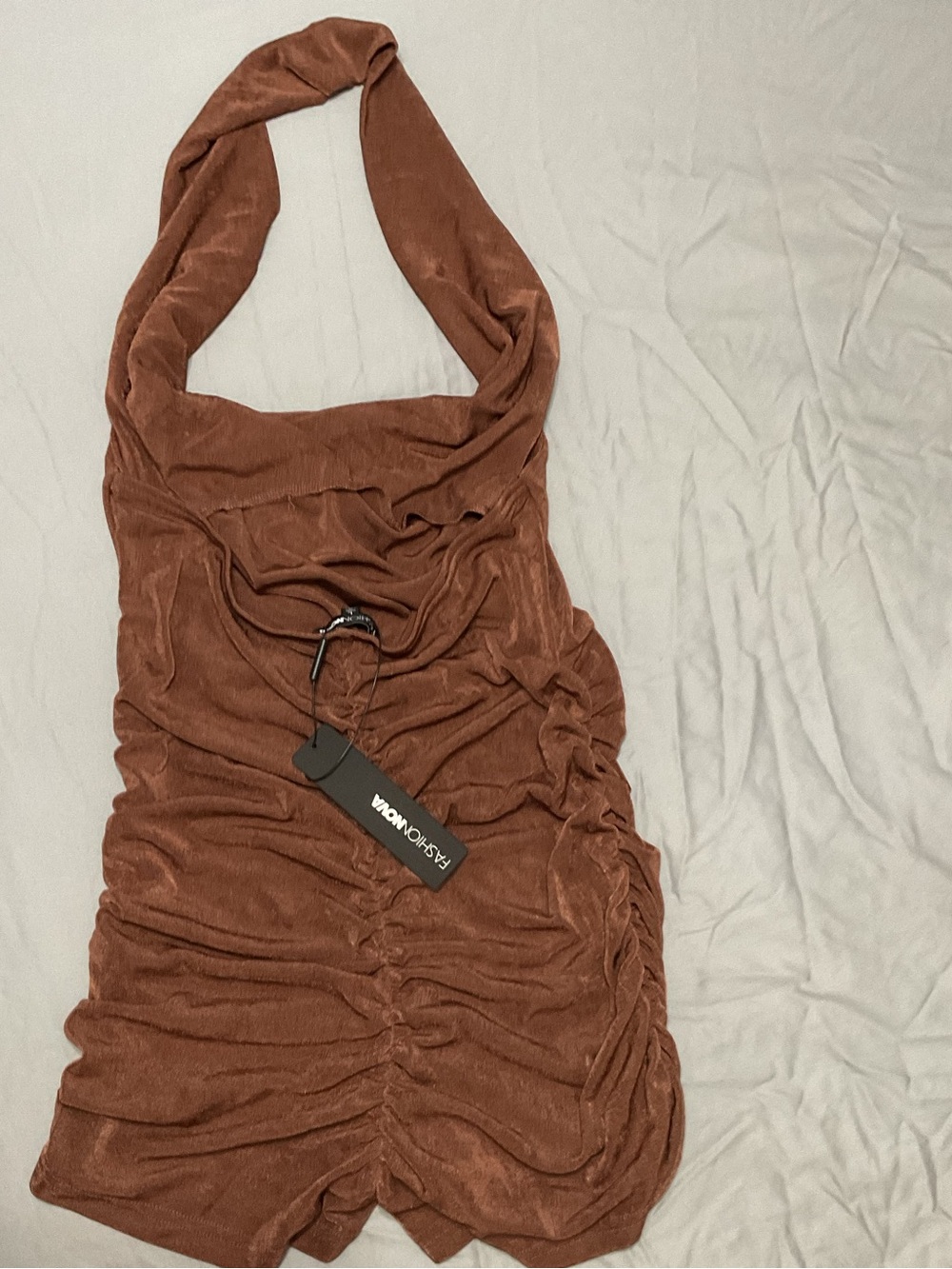 Fashion Nova Brown Ruched Halter Mini Dress - Picture 3 of 7